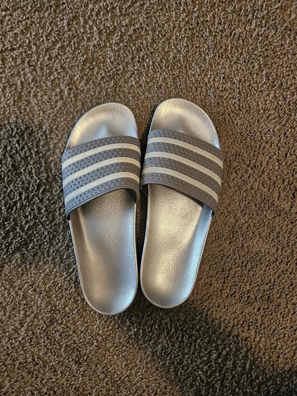 Silver Adidas Slide Sandals with White Stripes